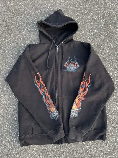 Pre-owned Harley Davidson Vintage  Flame & Lightning Zip-up Hoodie In Black