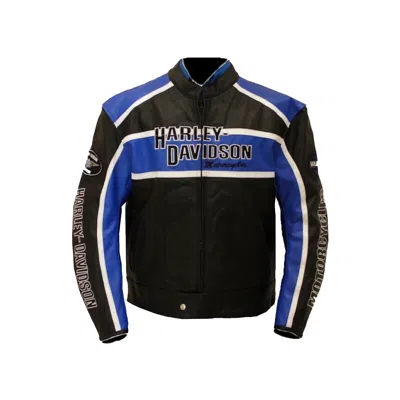 Pre-owned Harley-davidson Harley Davidson Jacket Embroidered Motorcycle Hd Men's Black Leather Jacket In Black & Blue