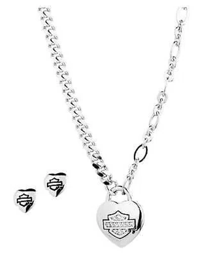 Pre-owned Harley-davidson Women's 16 In. Bar & Shield Heart Necklace & Earring Set, Silver