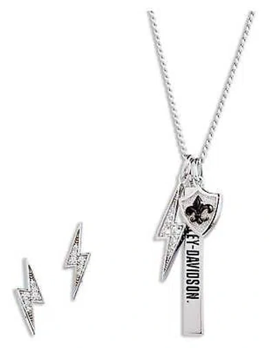 Pre-owned Harley-davidson Women's 16 In. Lightening Charm Necklace & Earring Set, Silver