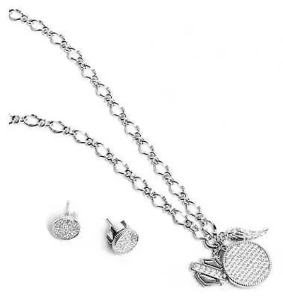 Pre-owned Harley-davidson Women's Crystal Pave Disc & Wing Necklace & Earring Set, Silver