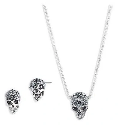 Pre-owned Harley-davidson Women's Crystal Skull Necklace & Earring Set, Sterling Silver