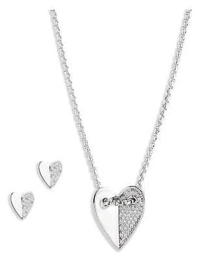 Pre-owned Harley-davidson Women's Half Pave Crystal Heart Necklace & Earring Set, Silver