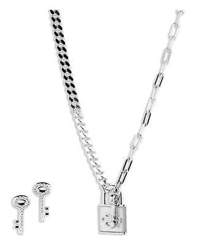 Pre-owned Harley-davidson Women's Mother Of Pearl Lock & Key Necklace & Earring Set In Silver