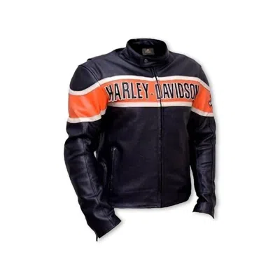 Pre-owned Harley-davidson Men's Hd Real Genuine Cowhide Biker Leather Jacket Harley Davidson Jacket In Black & Orange