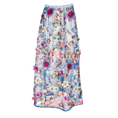 Harlow Loves Daisy Women's Blue Celestial Wildflower Bleu - Skirt Of Embroidered Multicoloured Cascading Flowers