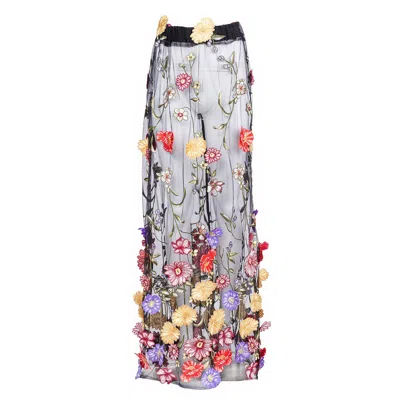 Harlow Loves Daisy Women's Celestial Noir - Skirt Of Embroidered Multicoloured Cascading Flowers On Black Mesh