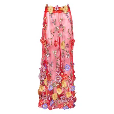 Harlow Loves Daisy Women's Celestial Rouge - Skirt Of Embroidered Multicoloured Cascading Flowers On Red Mesh