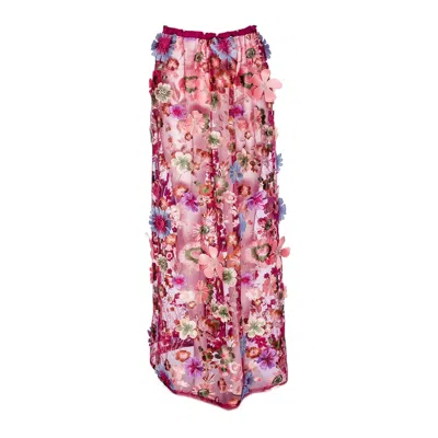 Harlow Loves Daisy Women's Celestial Wildflower Merlot - Skirt Of Cascading Multicoloured Flowers On Mesh In Pink