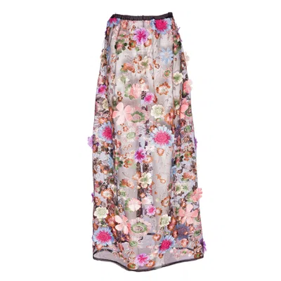 Harlow Loves Daisy Women's Celestial Wildflower Noir - Skirt Of Multicoloured Flowers On Black Mesh