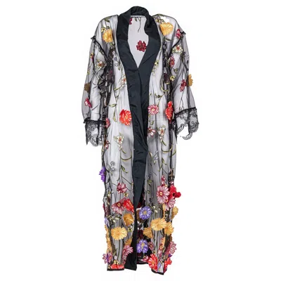 Harlow Loves Daisy Women's Faith - Long Robe With Cascading Flowers On Black Mesh With Silk