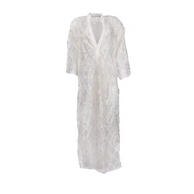 Harlow Loves Daisy Women's White Brigitta - Ethereal Ivory French Embroidered Sequinned Lace Robe With Silk Sash