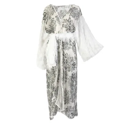 Harlow Loves Daisy Women's White / Silver Trinity - Silver Fairy Dust Sequins On Silk Duster Robe With White Fringe In Gray