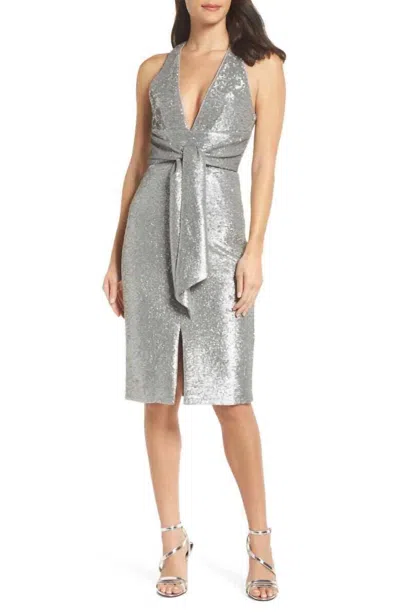 Harlyn Plunge Neck Matte Sequin Sheath Dress In Silver