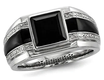 Pre-owned Harmony Mens Black Onyx Ring With Accent Diamonds In Sterling Silver In White