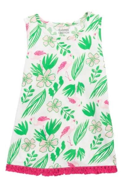 Harper Canyon Kids' Fringe Trim Swing Tank In Ivory Egret- Green Tropical