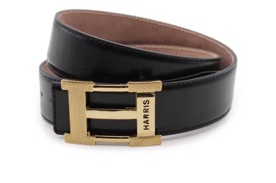 Harris Shoes 1913 Brushed Leather Belt And Buckle In Black With Gold Buckle