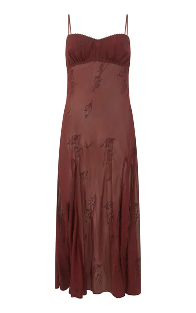 Harris Tapper Boudoir Embroidered Silk Slip Dress In Burgundy