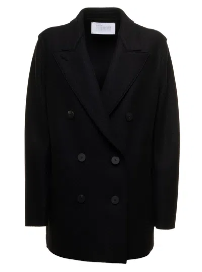 Harris Wharf London Black Peacoat In Fine Virgin Wool Knirt