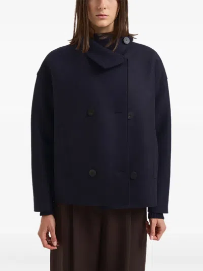 Harris Wharf London Buttoned Collarless Coat In Blue