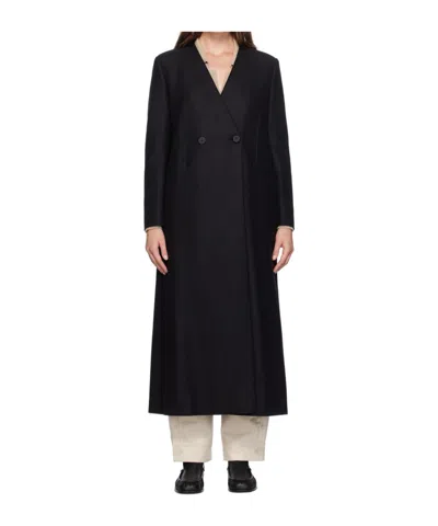 Harris Wharf London Double-breasted Collarless Wool Coat In Dark Grey