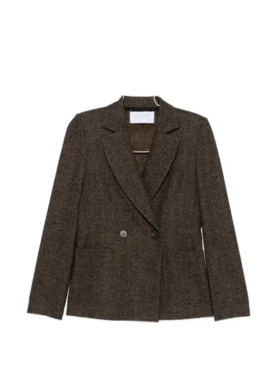 Harris Wharf London Herringbone-pattern Double-breasted Jacket In Brown