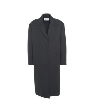 Harris Wharf London Oversized Wool Coat With Herringbone Pattern And Classic Lapel In Black