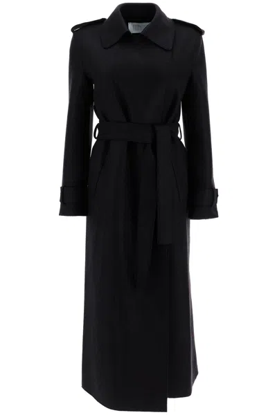 Harris Wharf London Double-stitched Long Trench In Pressed Wool In Black