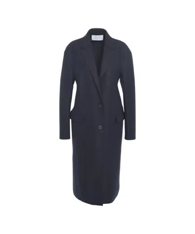 Harris Wharf London Timeless Virgin Wool Long Coat With Tailored Fit And Flap Pockets In Blue