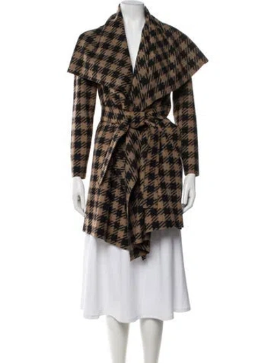 Pre-owned Harris Wharf London Virgin Wool Plaid Print Faux Fur Coat In Brown