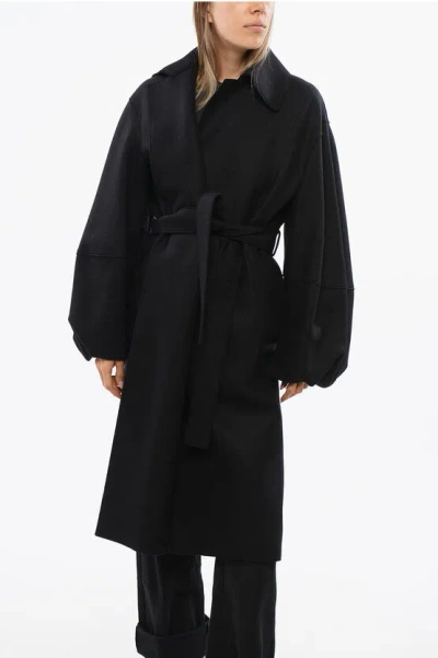 Harris Wharf Virgin Wool Maxi Coat With Puff Sleeve In Black