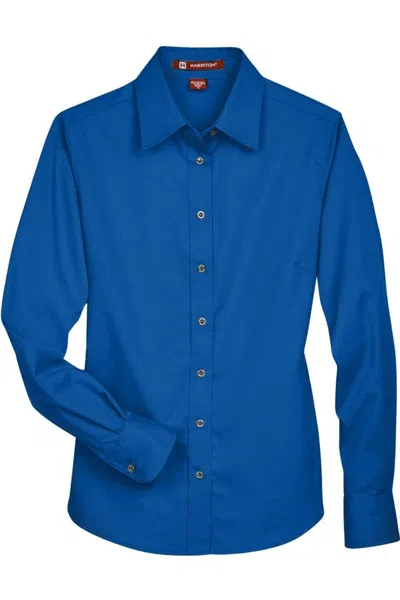 Harriton Women's Easy Blend Long Sleeve Twilldress Shirt With Stain-release In Blue
