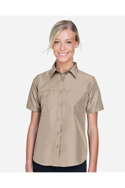 Harriton Women's Key West Short Sleeve Performance Staff Shirt In Brown