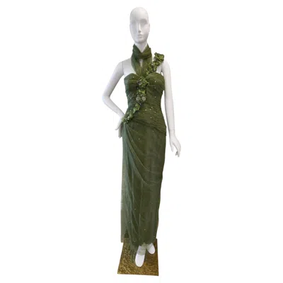 Pre-owned Harrods Bellville Sassoon Lorcan Mullany Green Silk Embellish Evening Gown Us 12