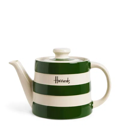 Harrods Bone China Cornish Stripe Teapot In Green