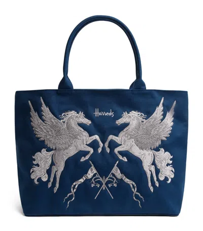 Harrods Canvas Embroidered Tote Bag In Black