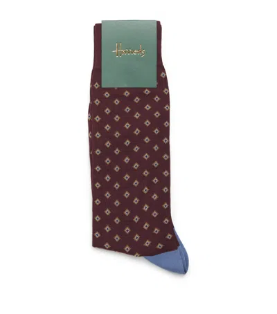 Harrods Cotton-blend Diamond Socks In Burgundy