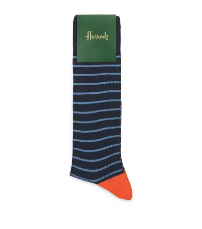 Harrods Cotton-blend Stripe Ribbed Socks In Blue