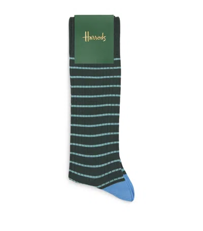 Harrods Cotton-blend Stripe Ribbed Socks In Green