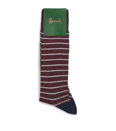 Harrods Cotton-blend Stripe Ribbed Socks In Burgundy
