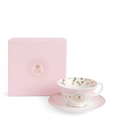 Harrods Fine Bone China Queen Elizabeth Ii Teacup And Saucer In Pink