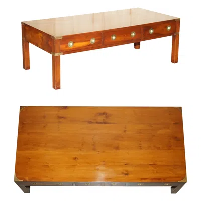 Pre-owned Harrods Fully Restored Burr Yew & Elm Brass Military Campaign 3 Drawer Coffee Table In Brown