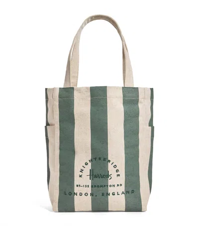 Harrods Jute Striped Logo Tote Bag In Green