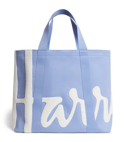 Harrods Large Cotton Logo Tote Bag In Blue