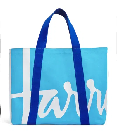 Harrods Large Cotton Logo Tote Bag In Blue