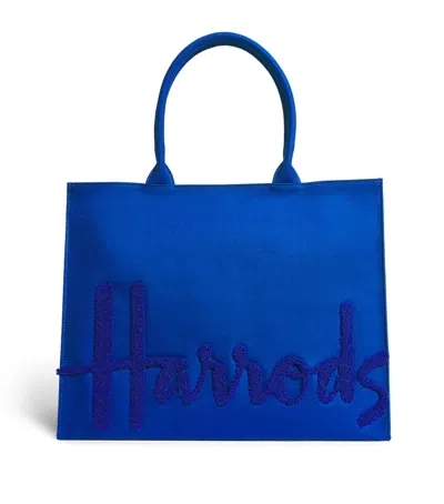 Harrods Large Cotton Logo Tote Bag In Blue