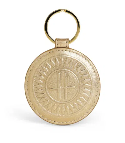 Harrods Leather Metallic Circle Keyring In Gold