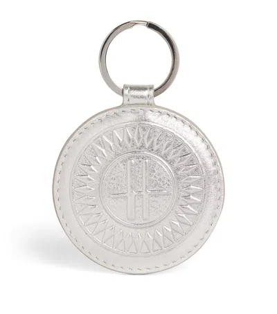 Harrods Leather Metallic Circle Keyring In Silver
