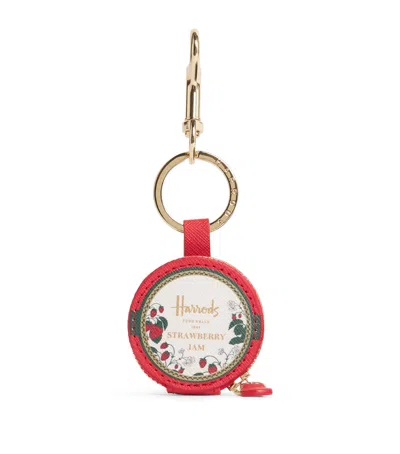 Harrods Leather Strawberry Jam Pot Keyring In Red