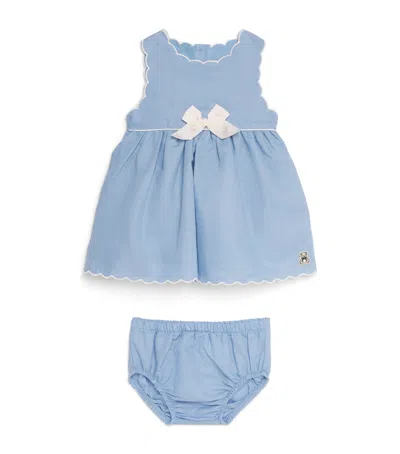 Harrods Kids'  Linen-cotton Bow-detail Dress And Bloomers Set In Blue